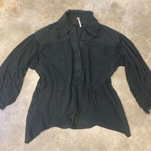 FREE PEOPLE Cottagecore Eyelet Detail Black Blouse Size XS
